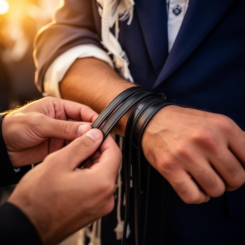Hands wrapping tefillin